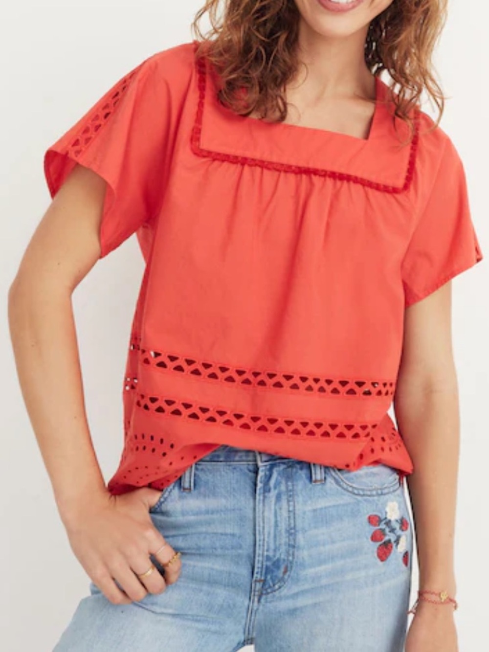 Madewell Coral Eyelet Square-Neck Angelica Short Sleeve Top - Picture 3 of 4